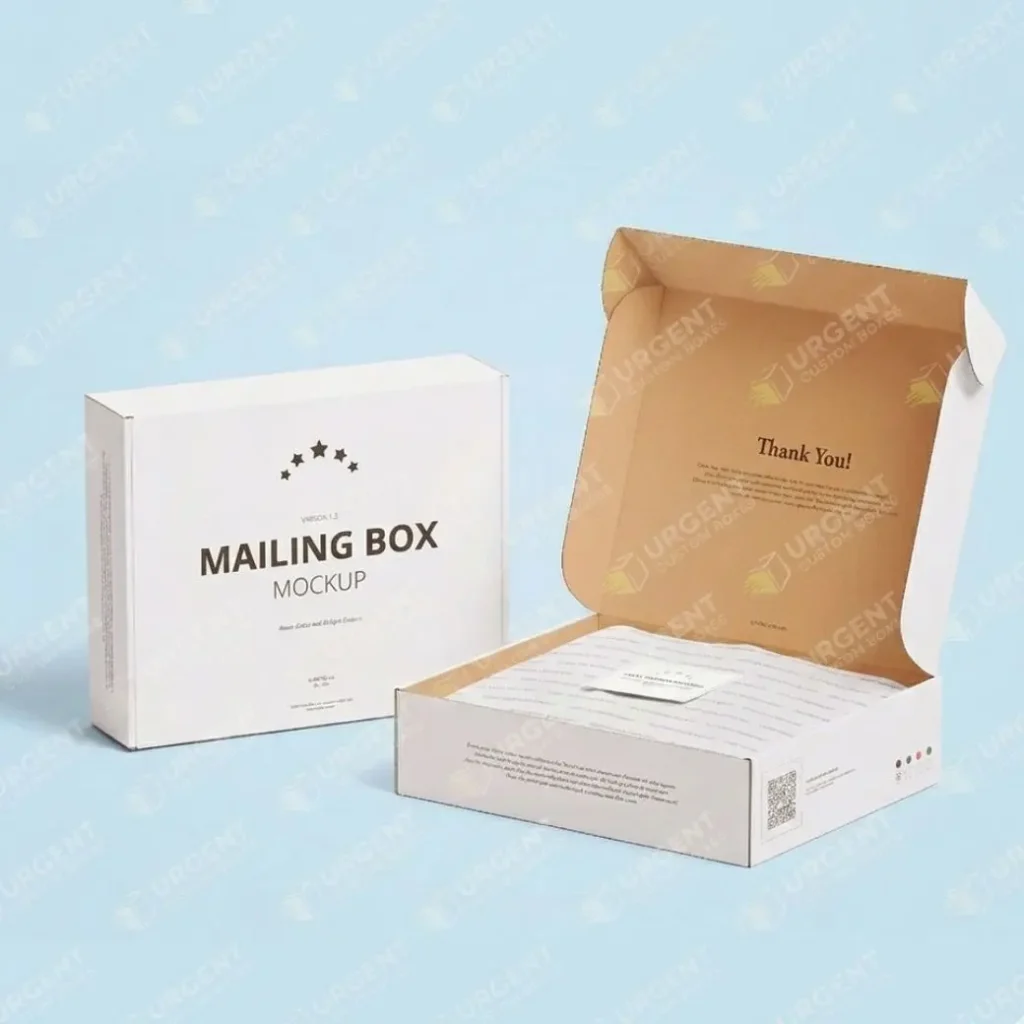Professional product photography of open and closed Urgent Custom Boxes mailer boxes on a light blue background
