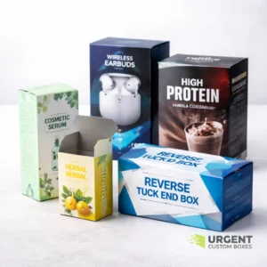 2D dieline template for a reverse tuck end box showing cut, fold, and glue areas