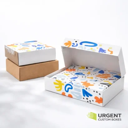 Custom 4 corner tray box with lid displayed open and closed