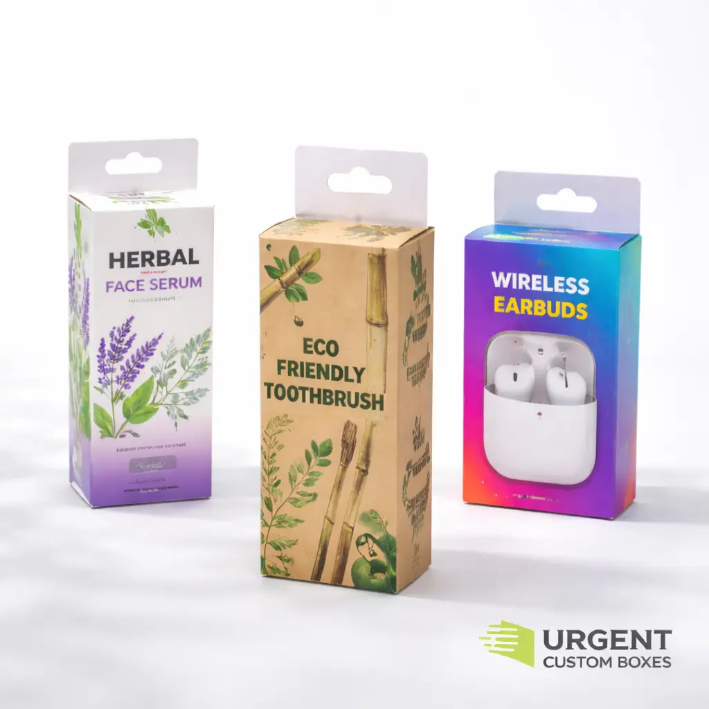 Custom 5 panel hanger tuck end boxes displayed on a white background