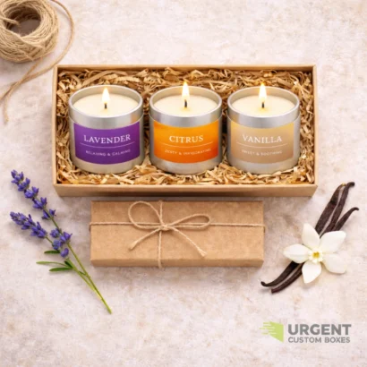 Custom candle gift boxes in kraft packaging with scented candles