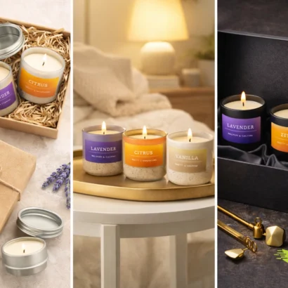Custom candle gift boxes with lavender, citrus, and vanilla candles