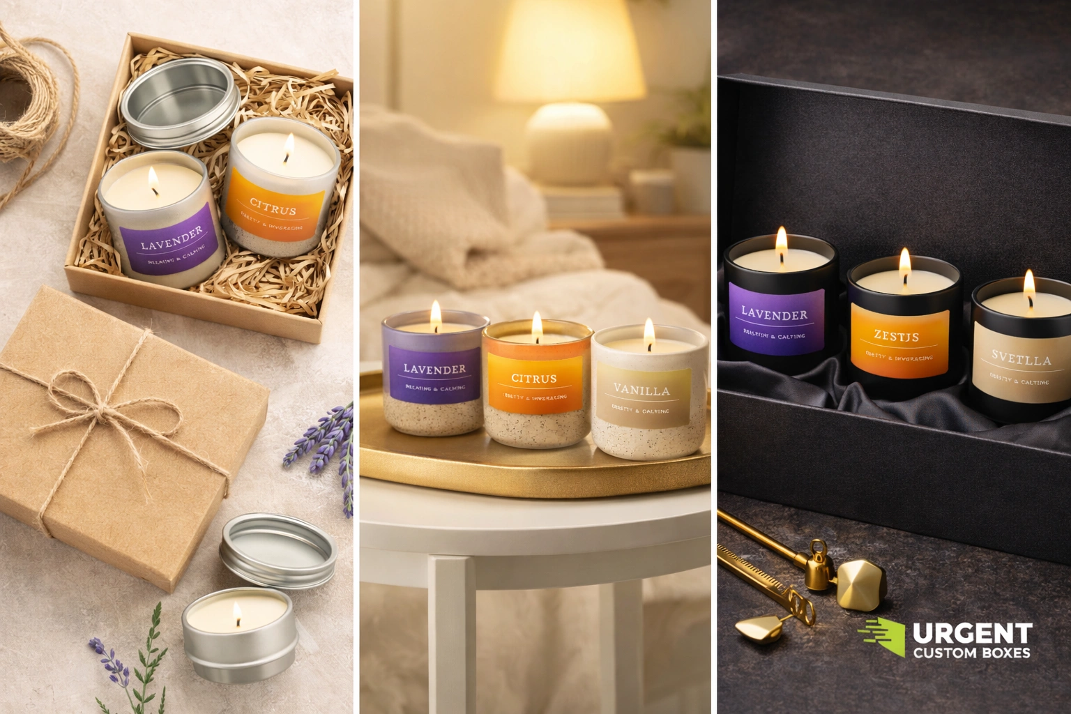 Custom candle gift boxes with lavender, citrus, and vanilla candles