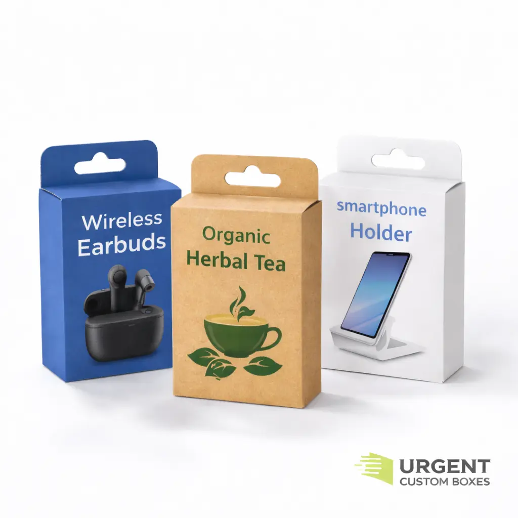 Custom hang tab boxes for retail display