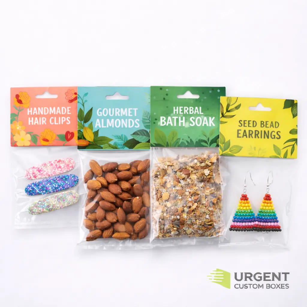 Custom header cards on clear bags with scrunchies, almonds, bracelets, and seeds
