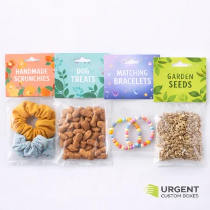 Custom header cards on clear bags with scrunchies, dog treats, bracelets, and seeds