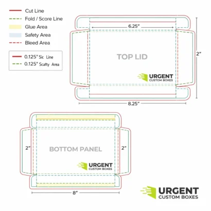 Dieline template for a custom double-wall tray and lid box showing cut, fold, glue, safety, and bleed areas