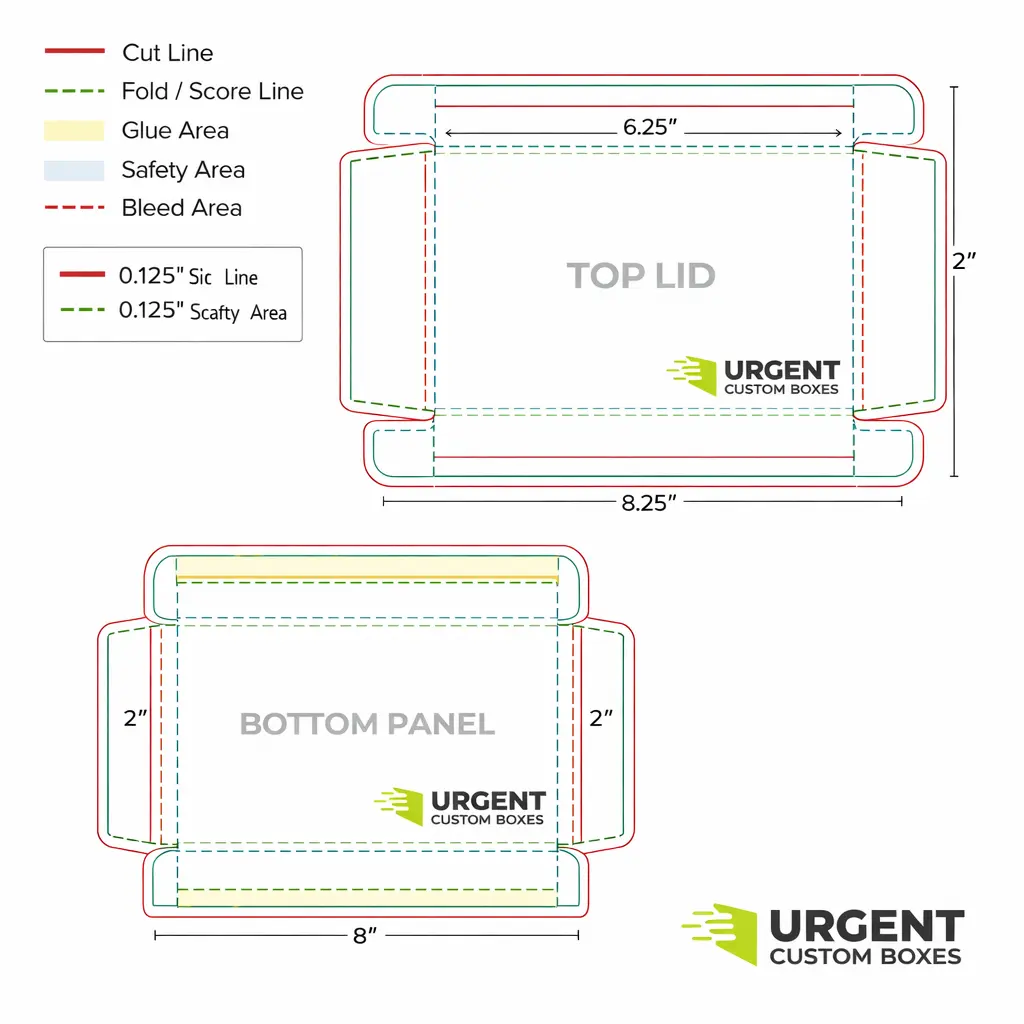 Dieline template for a custom double-wall tray and lid box showing cut, fold, glue, safety, and bleed areas