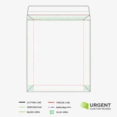 Flat dieline of a custom paper mailer showing cutting, crease, perforation, bleed, and glue areas with branding logo