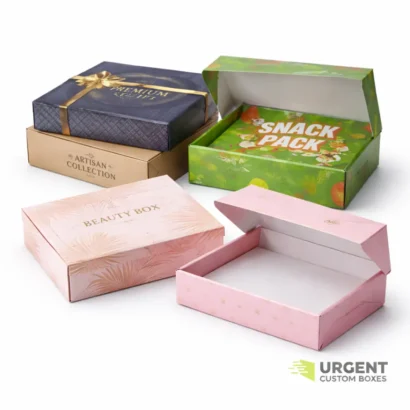 Four colorful double-wall tray and lid boxes on a white background with Urgent Custom Boxes logo