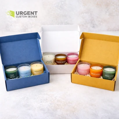 Luxury candle subscription packaging with candles displayed