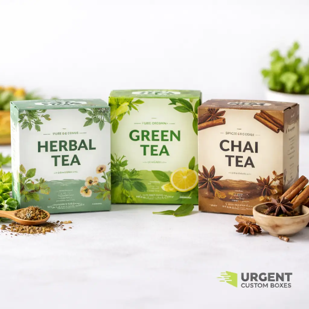 Three custom tea boxes with Urgent Custom Boxes logo