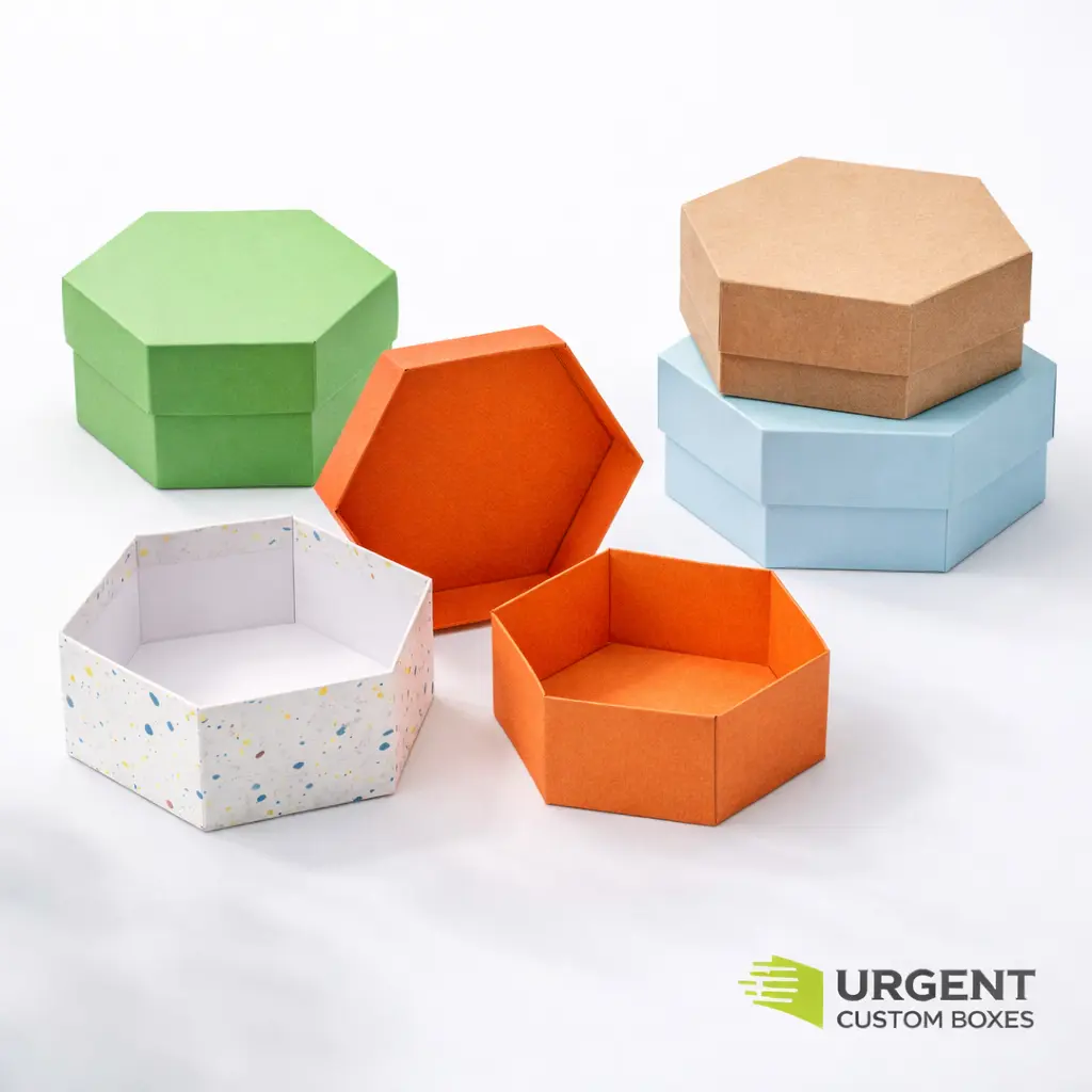 Vibrant hexagon boxes open and closed with Urgent Custom Boxes logo