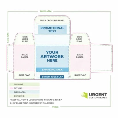 dieline template showing fold, cut, and safe zones for artwork placement