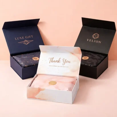 Custom foldable gift boxes with premium finish on solid background