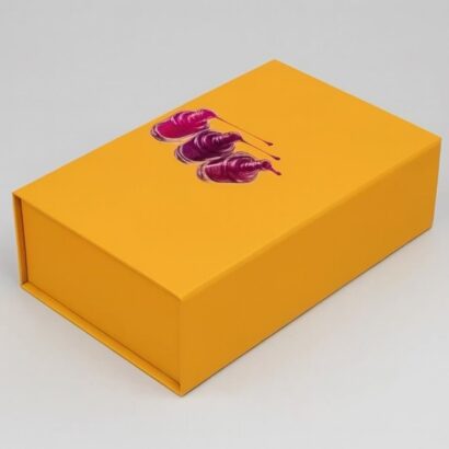 Orange custom foldable gift boxes with printed lid design.