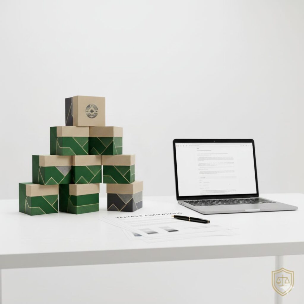 Professional workspace with legal documents and boxes