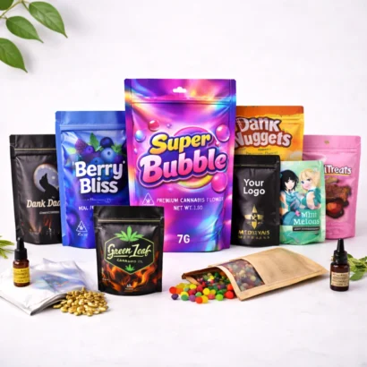 Assortment of custom sealed Mylar bags with gummies, cannabis buds, and droppers on white background