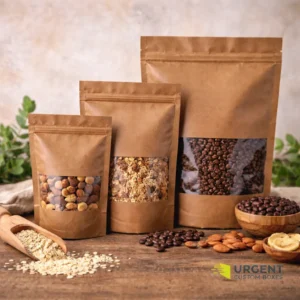 Brown window Mylar bags showing natural food products.