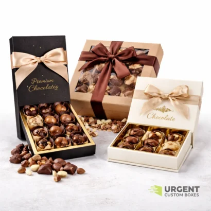 Chocolate gift boxes with Urgent Custom Boxes logo