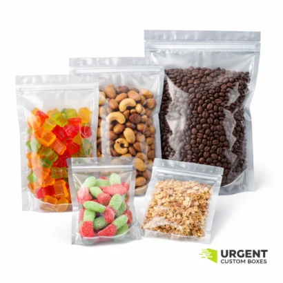 Clear Mylar bags showing food products