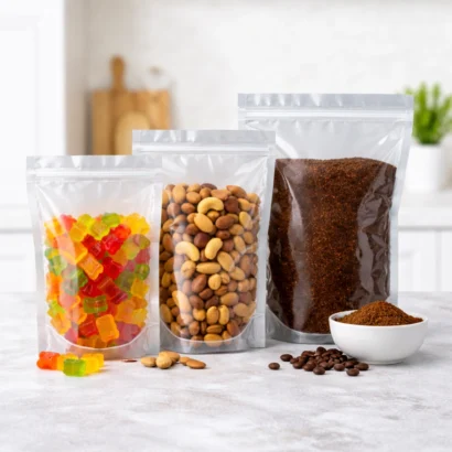 Clear stand-up Mylar bags on a kitchen counter