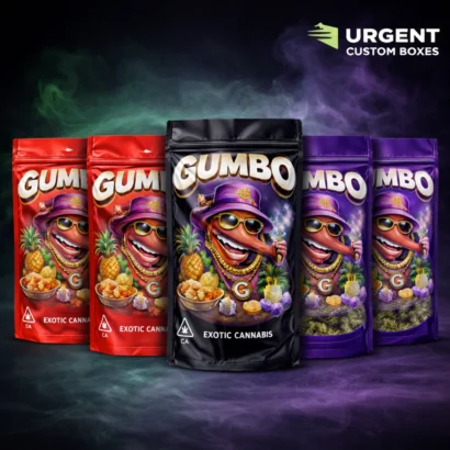 Custom Gumbo Mylar bags in multiple colors with printed branding and logo