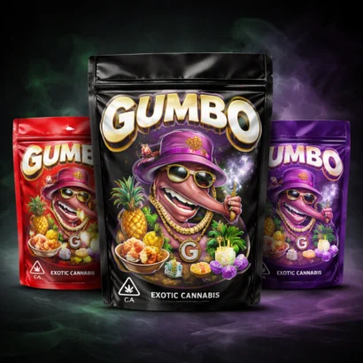 Custom Gumbo Mylar bags with colorful printed designs and branding