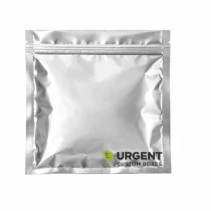Custom aluminum Mylar bag on white background with Urgent Custom Boxes logo in corner
