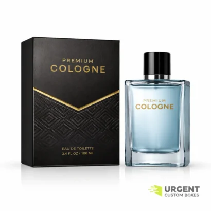 Custom cologne box with bottle on white background and Urgent Custom Boxes logo
