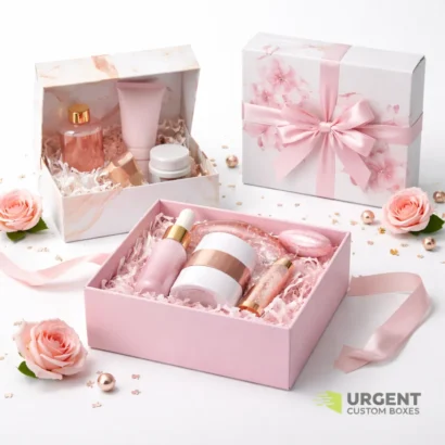 Custom cosmetic gift boxes with products and Urgent Custom Boxes logo