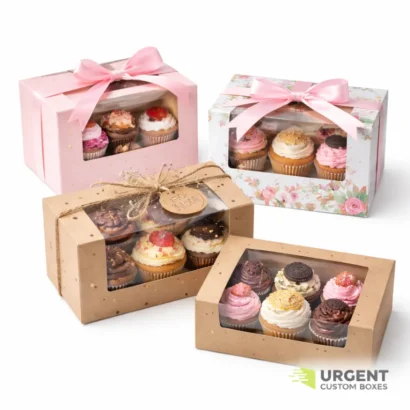 Custom cupcake gift boxes with assorted cupcakes and Urgent Custom Boxes logo