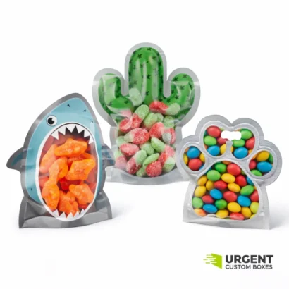 Custom die cut Mylar bags in unique shapes displaying snacks with Urgent Custom Boxes logo