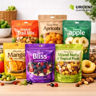 Custom dried fruit packaging bags for snacks and mixes with printed designs