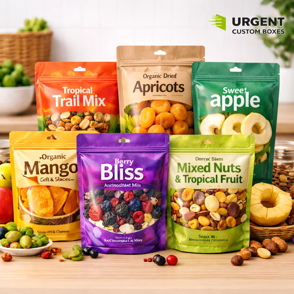 Custom dried fruit packaging bags for snacks and mixes with printed designs