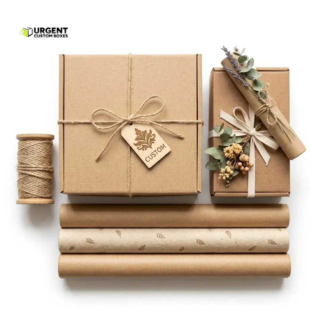 Custom eco friendly gift packaging featuring kraft mailer boxes, wrapping paper rolls, and jute twine decorations