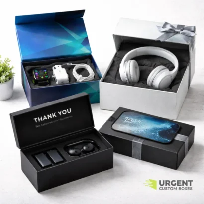 Custom electronics gift boxes with earbuds, headphones, and smartwatch neatly arranged