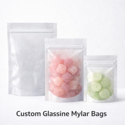 Custom glassine Mylar bags in multiple sizes with frosted finish