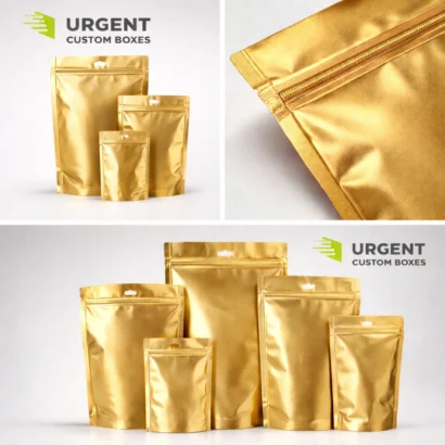 Custom gold Mylar bags with zip closures and branding