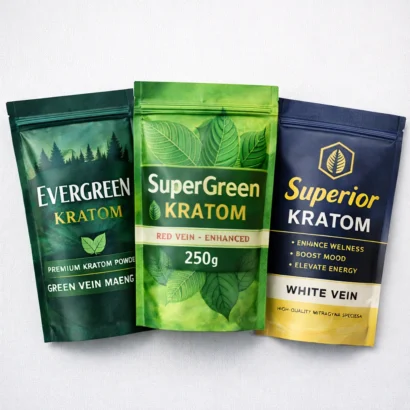 Custom kratom pouches in different sizes with printed branding