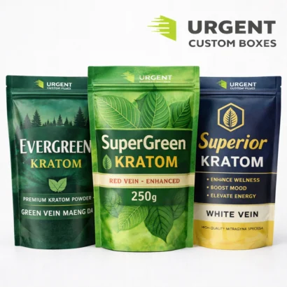 Custom kratom pouches with printed branding and zip closures