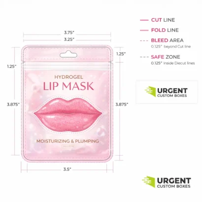 Custom lip mask sachets, box, and jar arranged neatly with Urgent Custom Boxes branding