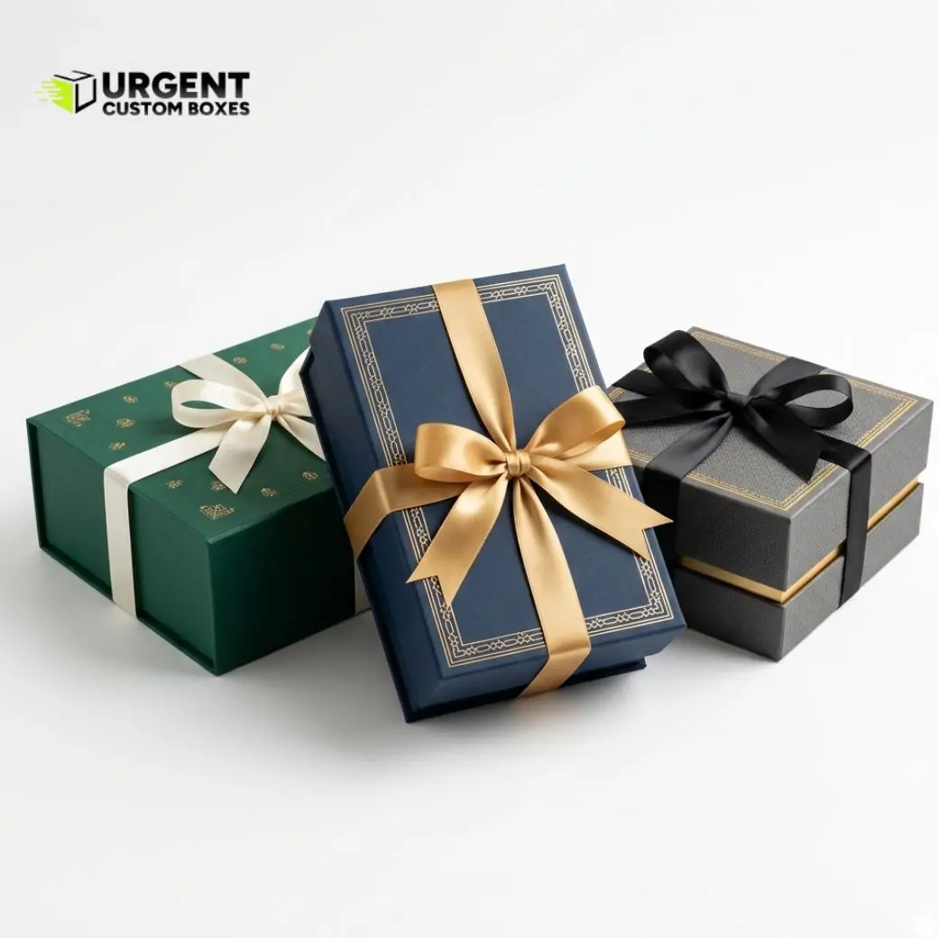 Custom luxury rigid gift packaging boxes in green, navy blue, and grey textures featuring elegant gold borders and decorative satin ribbon bows