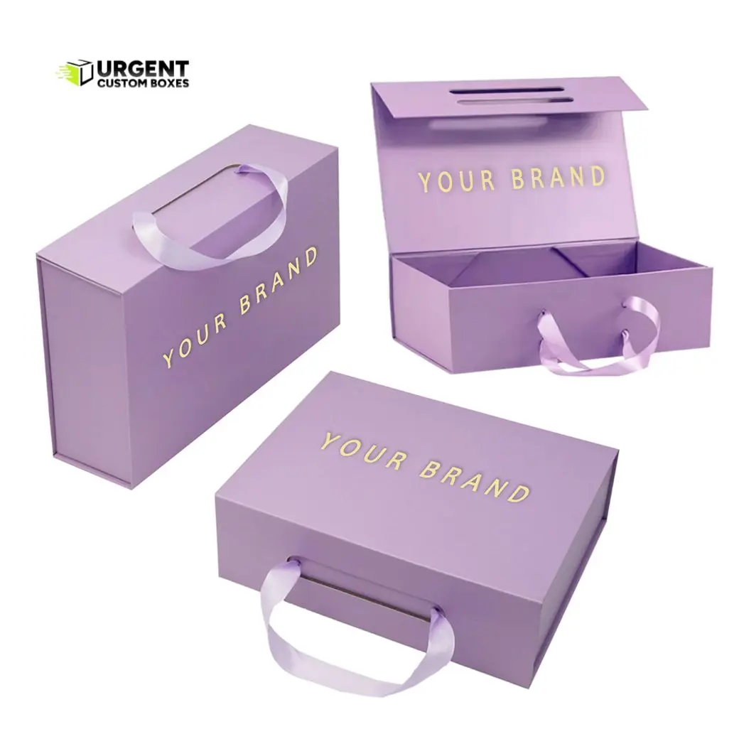Custom magnetic closure gift box packaging in premium lavender purple featuring a ribbon handle and gold foil custom brand printing.
