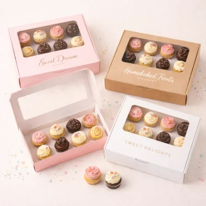 Custom mini cupcake boxes with pastel packaging and assorted cupcakes on a neutral background