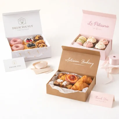 Custom pastry boxes in white, kraft, and pink with assorted donuts, cupcakes, and croissants displayed on a light beige background