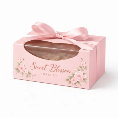 Custom pink bakery box with ribbon on white background