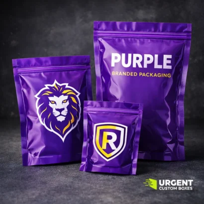 Custom purple Mylar bags with printed logo