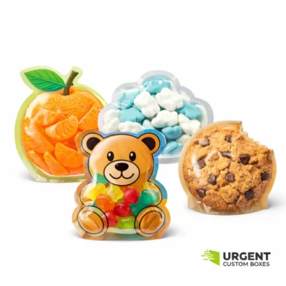 Custom-shaped Mylar bags in citrus, cookie, bear, and cloud designs filled with colorful candies
