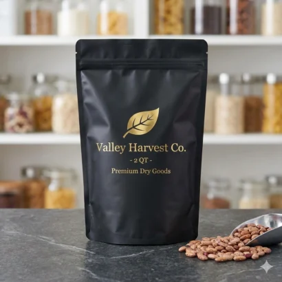 Custom silver 2-quart Mylar bag with Apex Provisions label